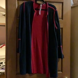 Chico’s red and black long cardigan